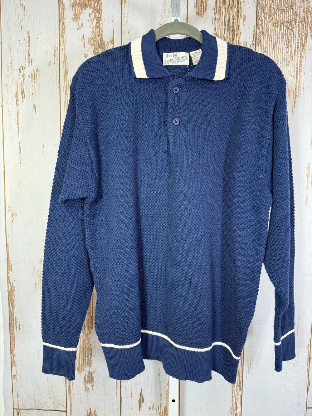 Sears Roebuck, Vintage Knit Polo Long Sleeve Sweater. Size Large. Navy Blue